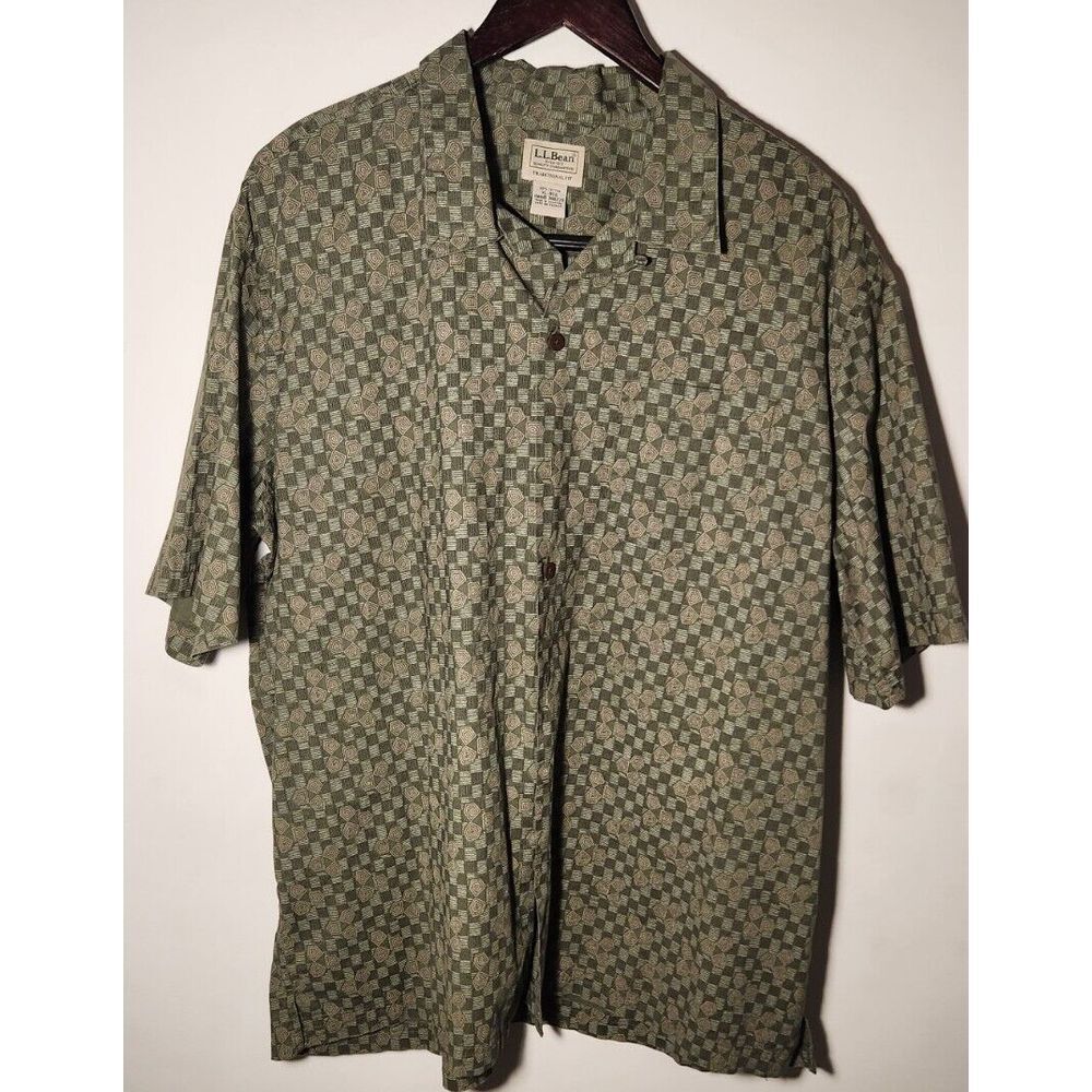 LL Bean Mens Button Up Geometric Green Short Sleeve Shirt Size XL-REG